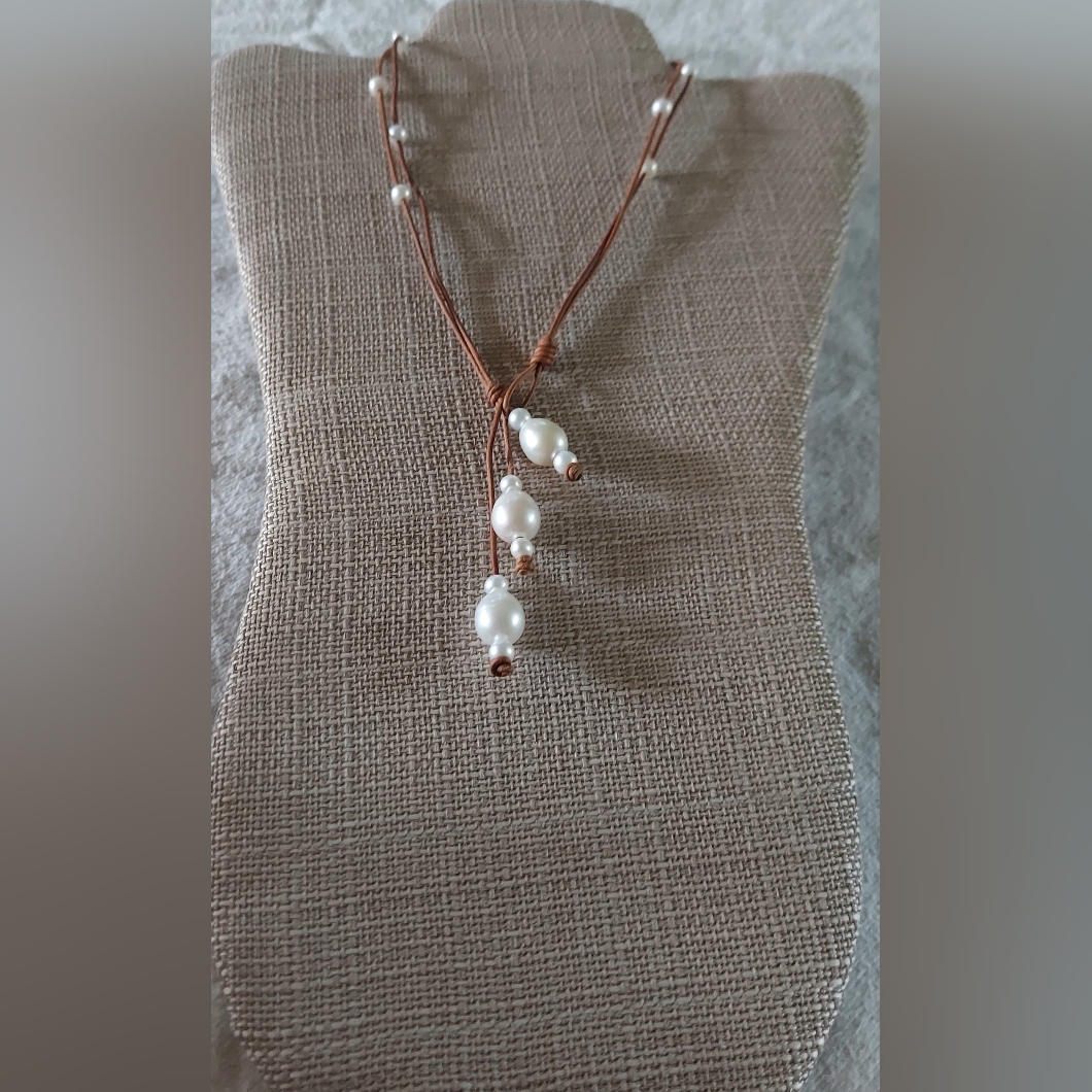 Handmade White Pearl & Tan Leather 3-Way Necklace